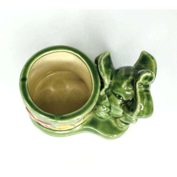 Vintage Baby Elephant Planter Small Trunk Up Ceramic Green Pink Yellow 4x3x4” - Picture 6 of 10